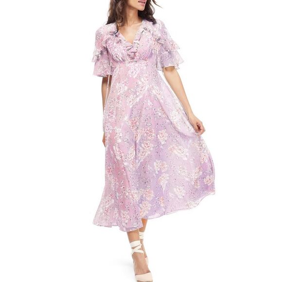 GAL MEETS GLAM Shelby Tie Neck Floral Midi Maxi Dress Ruffled Pink 6 Petite - Picture 1 of 8